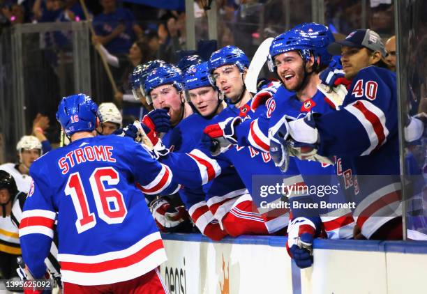 Ryan Strome of the New York Rangers celebrates his powerplay goal at 2:59 of the second period against the Pittsburgh Penguins in Game Two of the...