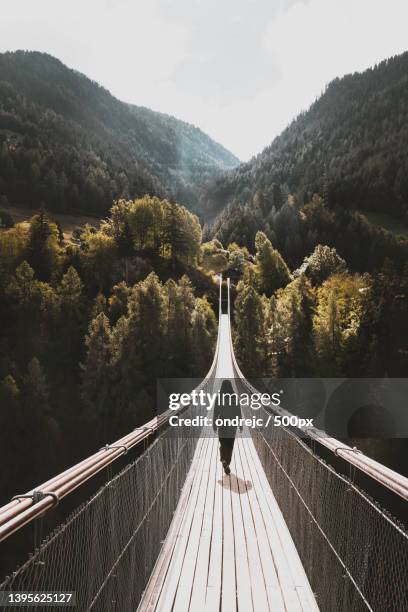 across the bridge,rear view of woman walking on footbridge against mountains,switzerland - hängebrücke stock-fotos und bilder