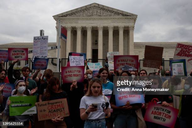 Supreme Court building is seen as an abortion rights rally takes place in front of it on May 05, 2022 in Washington, DC. Protestors on both sides of...