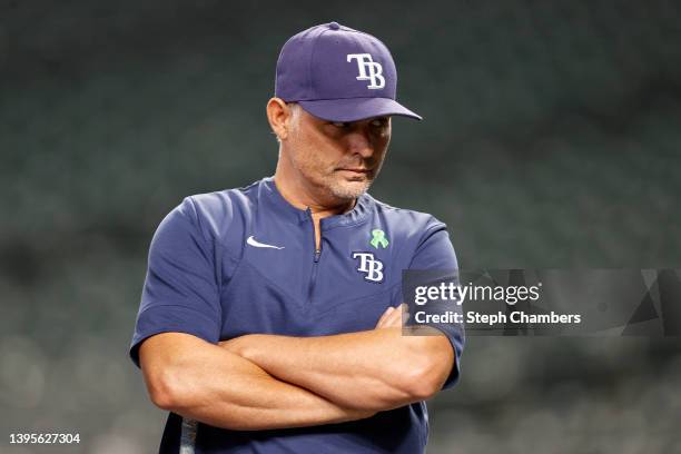 Manager Kevin Cash of the Tampa Bay Rays looks on before the game against the Seattle Mariners at T-Mobile Park on May 05, 2022 in Seattle,...