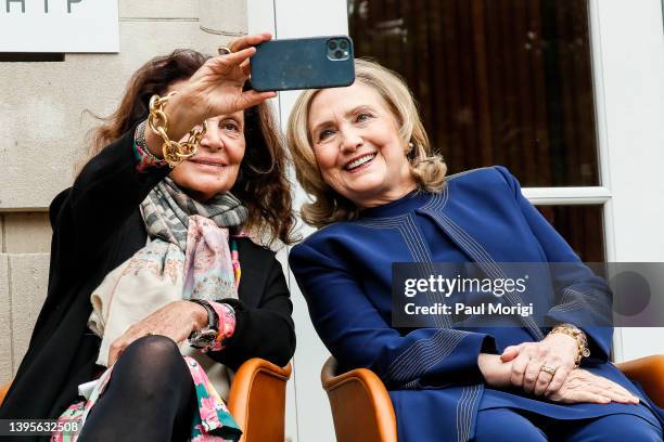 Diane von Furstenberg and former Secretary of State Hillary Clinton take a selfie during the Vital Voices Global Headquarters for Women's Leadership...