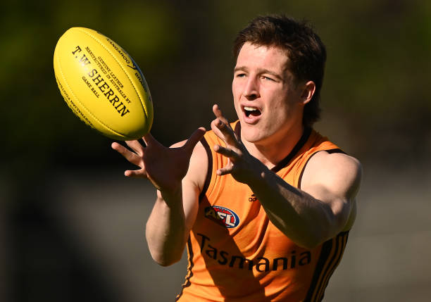Josh Ward of the Hawks marks during a Hawthorn Hawks AFL training session at Waverley Park on May 06, 2022 in Melbourne, Australia.