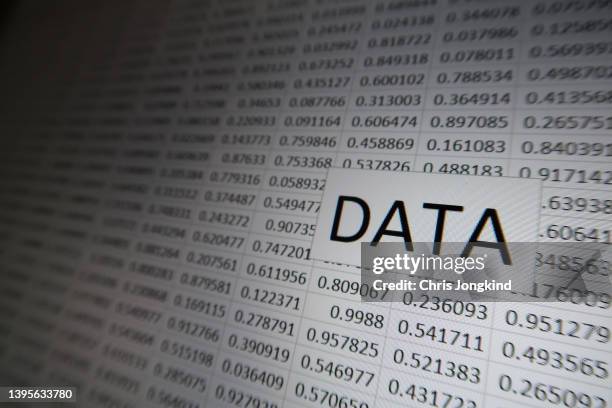 the word "data" against a grid of random numbers on a digital display. - kalkylblad bildbanksfoton och bilder