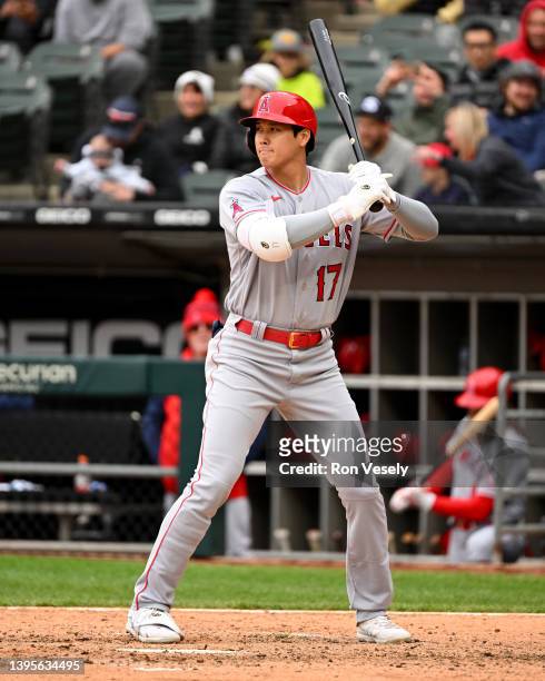 Shohei Ohtani of the Los Angeles Angels bats against the Chicago White Sox on May 2, 2022 at Guaranteed Rate Field in Chicago, Illinois.