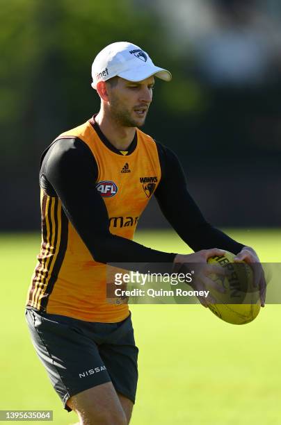 Luke Breust of the Hawks kicks during a Hawthorn Hawks AFL training session at Waverley Park on May 06, 2022 in Melbourne, Australia.
