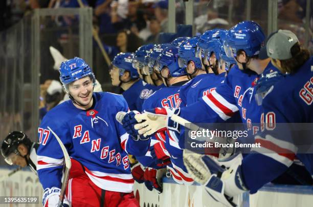 Frank Vatrano of the New York Rangers celebrates his third period goal against the Pittsburgh Penguins in Game Two of the First Round of the 2022...