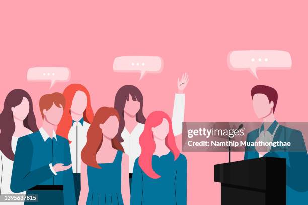 business conference illustration concept shows a group of people listening the businessman presenting the business model on the podium, the listener can discuss and ask the questions with the presenter. - press conference illustration stock pictures, royalty-free photos & images