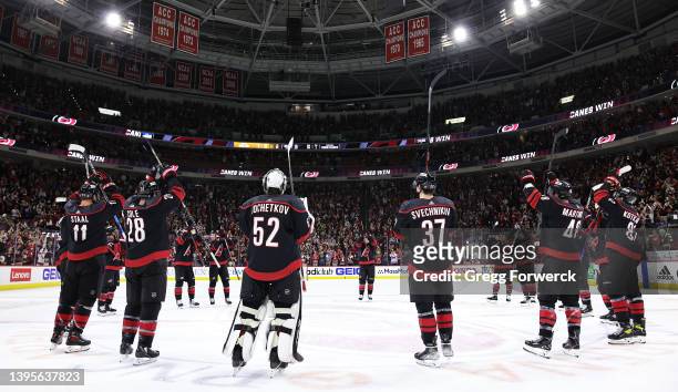Teammates of the Carolina Hurricanes participate in a Storm Surge after defeating the Boston Bruins in Game Two of the First Round of the 2022...