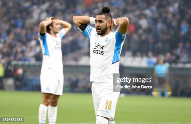 Dimitri Payet, Matteo Guendouzi of Marseille react after missing a goal during the UEFA Europa Conference League Semi Final Leg Two match between...