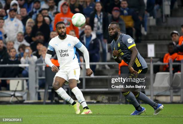 Gerson Santos da Silva of Marseille, Lutsharel Geertruida of Feyenoord during the UEFA Europa Conference League Semi Final Leg Two match between...