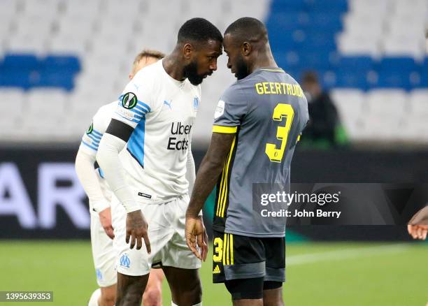 Gerson Santos da Silva head-to-head with Lutsharel Geertruida of Feyenoord during the UEFA Europa Conference League Semi Final Leg Two match between...