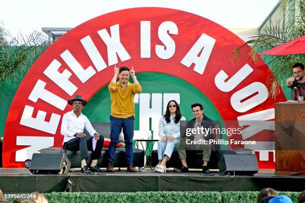 Smoove, Randall Park, Melissa Fumero, Tyler Alvarez, and host Caleb Synan perform onstage during Blockbuster Trivia Game Night, presented by Netflix...