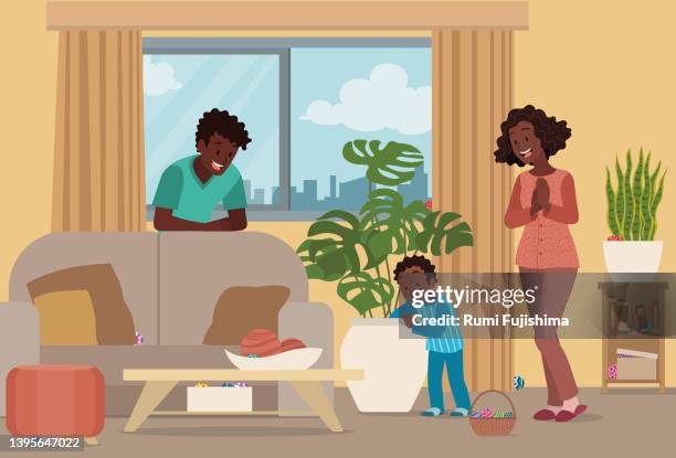 easter egg hunt indoors - easter table stock illustrations