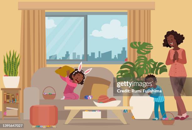 easter egg hunt indoors - chasing toddler stock illustrations