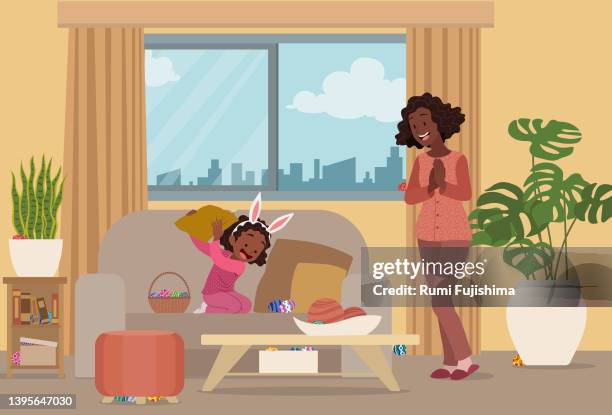 easter egg hunt indoors - chasing toddler stock illustrations