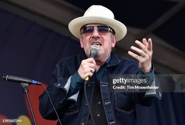 Elvis Costello performs at The Dirty Dozen Brass Band's tribute to Dave Bartholomew during the 2022 New Orleans Jazz & Heritage festival at Fair...