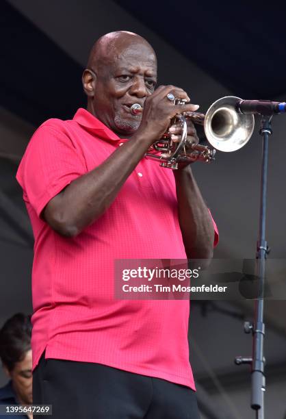 Gregory Davis of The Dirty Dozen Brass Band performs a tribute to Dave Bartholomew during the 2022 New Orleans Jazz & Heritage festival at Fair...