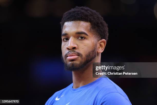 Marquese Chriss of the Dallas Mavericks warms up before Game Two of the Western Conference Second Round NBA Playoffs at Footprint Center on May 04,...