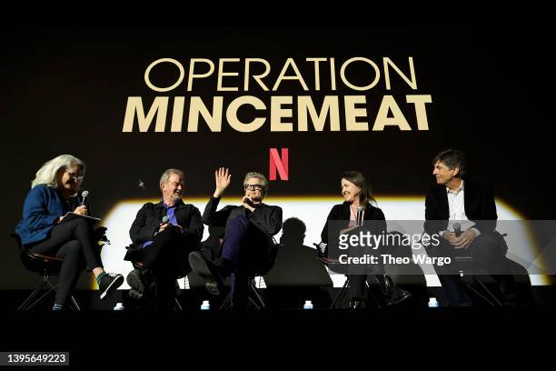 Thelma Adams, John Madden, Colin Firth, Michelle Ashford, and Thomas Newman speak onstage during Netflix's Operation Mincemeat Special Screening with...