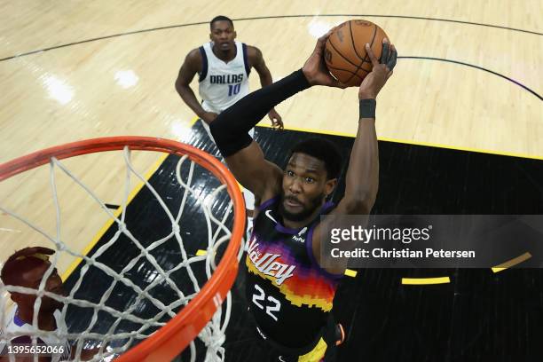Deandre Ayton of the Phoenix Suns slam dunks against the Dallas Mavericks during the second half of Game Two of the Western Conference Second Round...