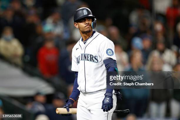 Julio Rodriguez of the Seattle Mariners reacts after striking out during the ninth inning against the Tampa Bay Rays at T-Mobile Park on May 05, 2022...