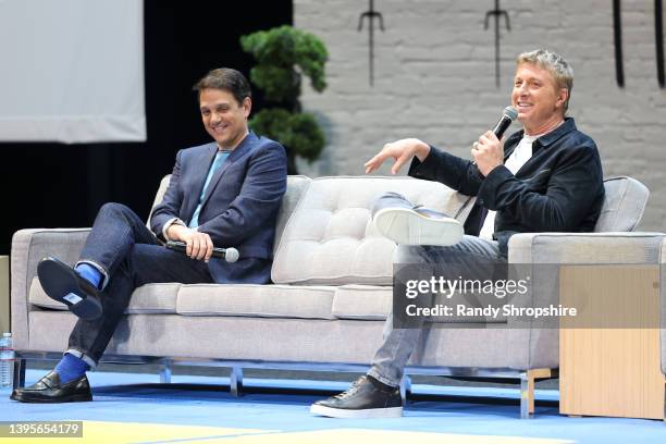 Ralph Macchio and William Zabka speak onstage during NETFLIX IS A JOKE PRESENTS: Cobra Kai: Live and Badass at Microsoft Theater on May 05, 2022 in...