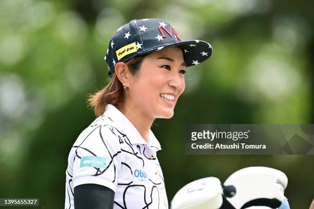 Asako Fujimoto of Japan smiles on the 13th tee during the second round of World Ladies Championship Salonpas Cup at Ibaraki Golf Club on May 6, 2022...