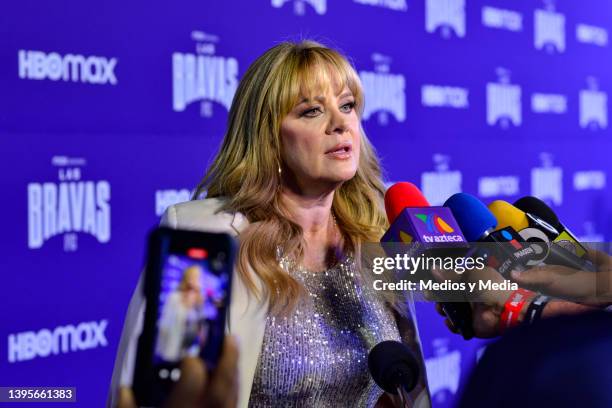 Erika Buenfil speaks to media on the red carpet for HBO Max Mexican series "Las Bravas" on May 5, 2022 in Mexico City, Mexico.