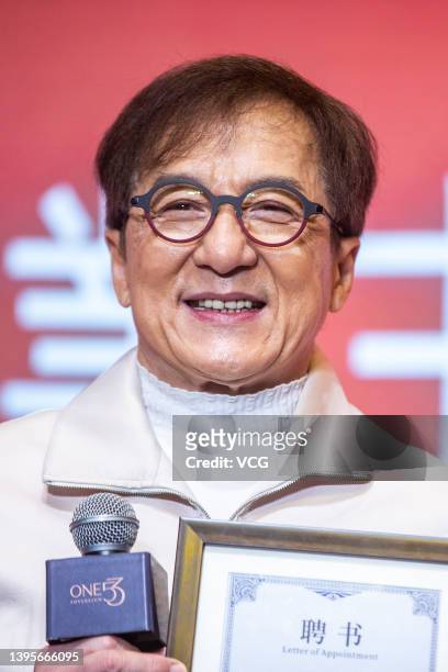 Actor Jackie Chan visits a real estate named 'ONE53' as a spokesperson on May 3, 2022 in Hangzhou, Zhejiang Province of China.