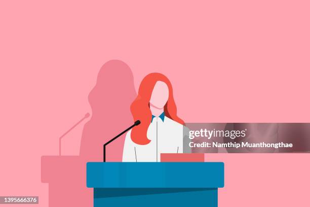 business conference illustration concept shows a businesswoman presenting on the podium on the stage for presentation of the business to the audience on the pink background. - microphone illustration stock pictures, royalty-free photos & images