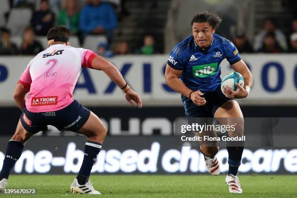 Caleb Clarke of the Blues during the round 12 Super Rugby Pacific match between the Blues and the Melbourne Rebels at Eden Park on May 06, 2022 in...