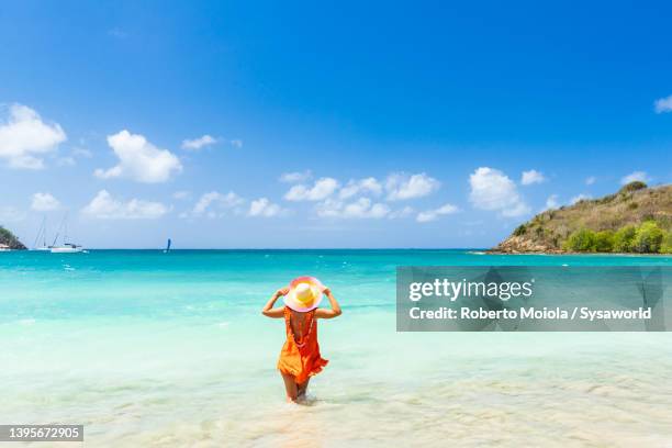 beautiful woman sunbathing in the caribbean sea - barbados beach stock pictures, royalty-free photos & images