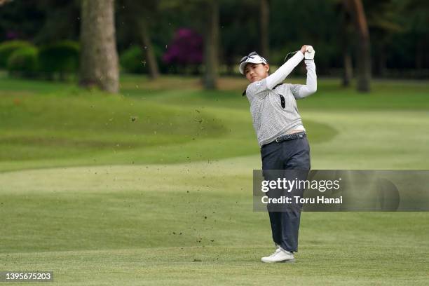 Sakura Yokomine of Japan hits her second shot on the 9th hole during the second round of World Ladies Championship Salonpas Cup at Ibaraki Golf Club...