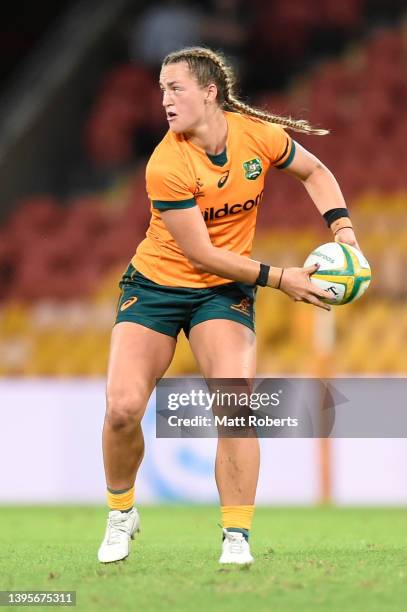 Arabella McKenzie of the Wallaroos looks to pass the ball during the Women's International Test match between the Australia Wallaroos and Fijiana at...