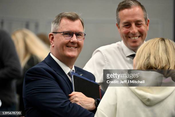 Leader Jeffrey Donaldson and Paul Givan react as votes are counted in Northern Ireland's Assembly Election at the Jordanstown count in Ulster...