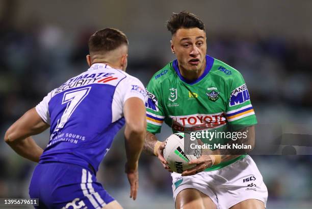 Charnze Nicoll-Klokstad of the Raiders in action during the round nine NRL match between the Canberra Raiders and the Canterbury Bulldogs at GIO...