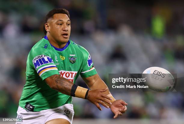 Josh Papalii of the Raiders passes during the round nine NRL match between the Canberra Raiders and the Canterbury Bulldogs at GIO Stadium, on May 06...