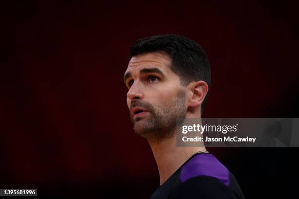 Kevin Lisch assistant coach of the Kings looks on ahead of game one of the NBL Grand Final series between Sydney Kings and Tasmania JackJumpers at...