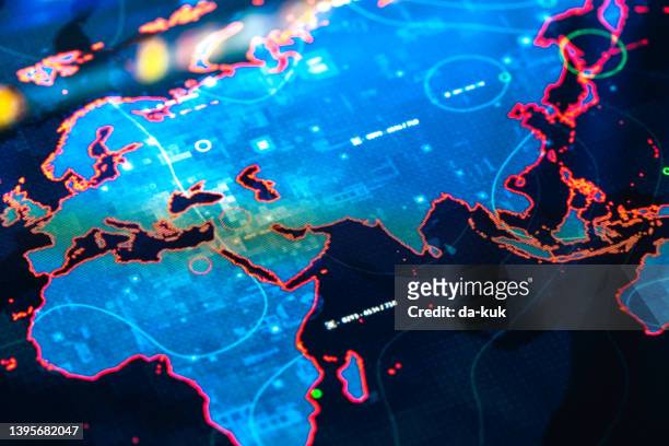 eurasia and africa on digital display - asia continent stockfoto's en -beelden