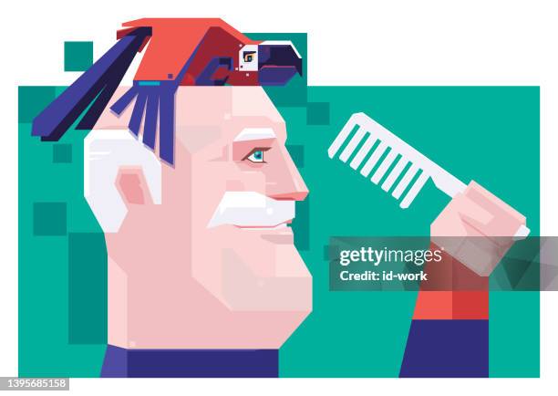 senior man holding comb with tired parrot - male hair removal stock illustrations