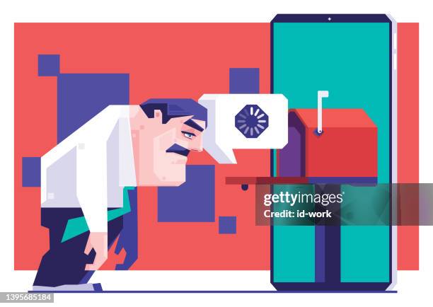 businessman leaning on loading icon speech bubble - man opening mail stock illustrations