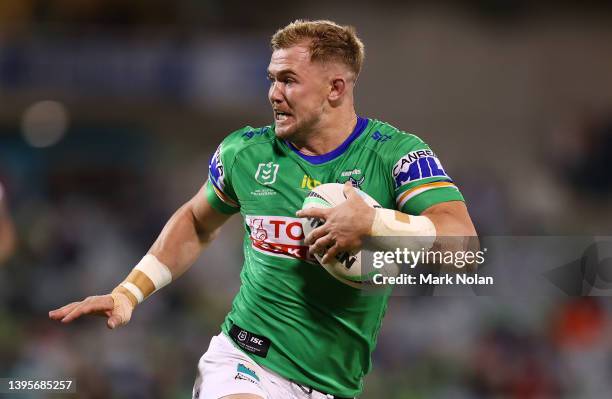 Hudson Young of the Raiders in action during the round nine NRL match between the Canberra Raiders and the Canterbury Bulldogs at GIO Stadium, on May...