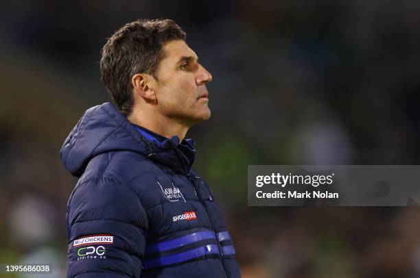 Bulldogs coach Trent Barrett watches on during the round nine NRL match between the Canberra Raiders and the Canterbury Bulldogs at GIO Stadium, on...