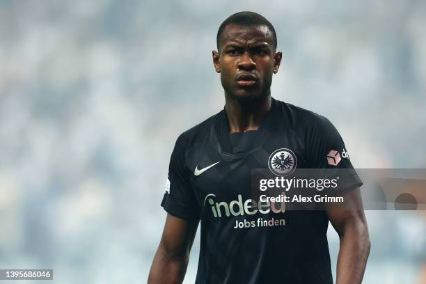 Evan N'Dicka of Frankfurt reacts during the UEFA Europa League Semi Final Leg Two match between Eintracht Frankfurt and West Ham United at Deutsche...