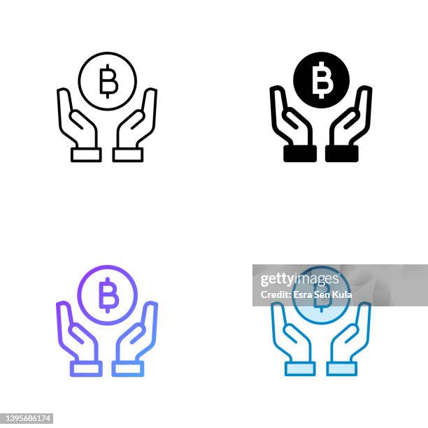 holding bitcoin icon design in four style with editable stroke. line, solid, flat line and color gradient line. suitable for web page, mobile app, ui, ux and gui design. - copper gradient stock illustrations