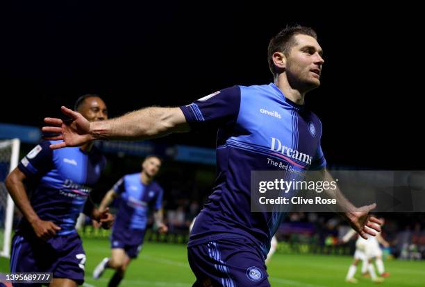 Sam Vokes of Wycombe Wanderers celebrates after scoring their sides second goal during the Sky Bet League One Play-Off Semi Final 1st Leg match...