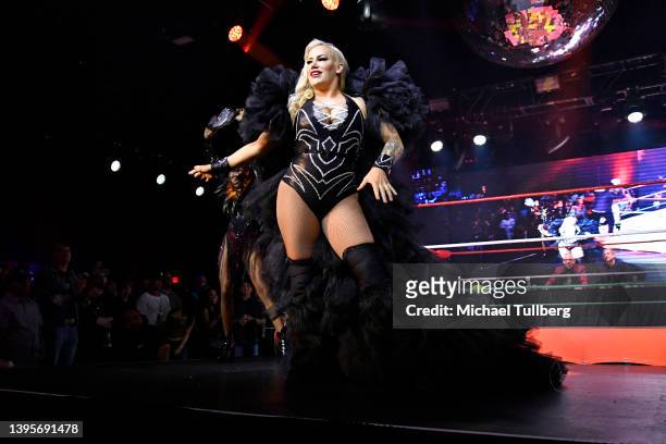 Wrestler Taya Valkyrie performs at Lucha VAVOOM'S "Cinco de Mayan" show at The Mayan on May 05, 2022 in Los Angeles, California.