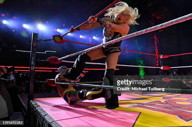 Wrestlers Rey Horus and Taya Valkyrie perform at Lucha VaVOOM's "Cinco de Mayan" show at The Mayan on May 05, 2022 in Los Angeles, California.