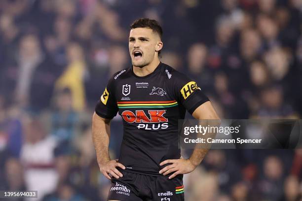 Nathan Cleary of the Panthers looks onduring the round nine NRL match between the Penrith Panthers and the Parramatta Eels at BlueBet Stadium on May...