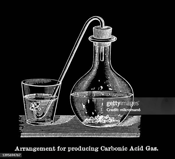 old engraved illustration of arrangement for producing carbonic acid gas - glass vase black background foto e immagini stock